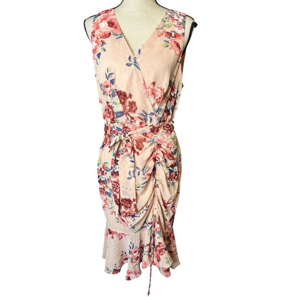 Eliza J Floral Dress M Peach Pink Sleeveless V-Neck Ruched Tie Waist Faux Wrap - Picture 1 of 15